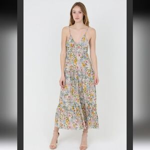 Angie V Neck Open Back Tiered Maxi Dress Size M Floral Bow Keyhole
